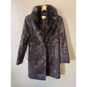 Jacquard Tapestry Winter Dress Coat Damask Floral Optional Faux-Fur Collar S